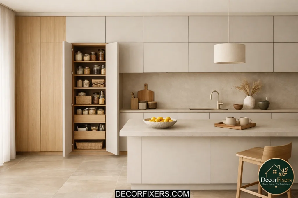 Minimalist kitchen with full-height cabinetry and concealed storage