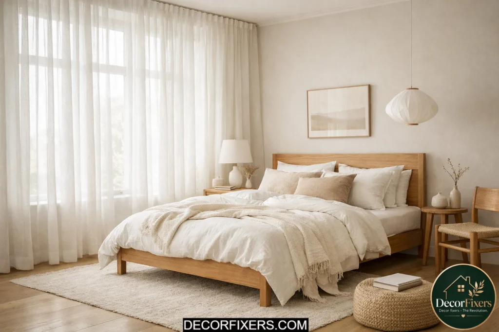 Scandinavian bedroom with tall sheer linen curtains and soft daylight.