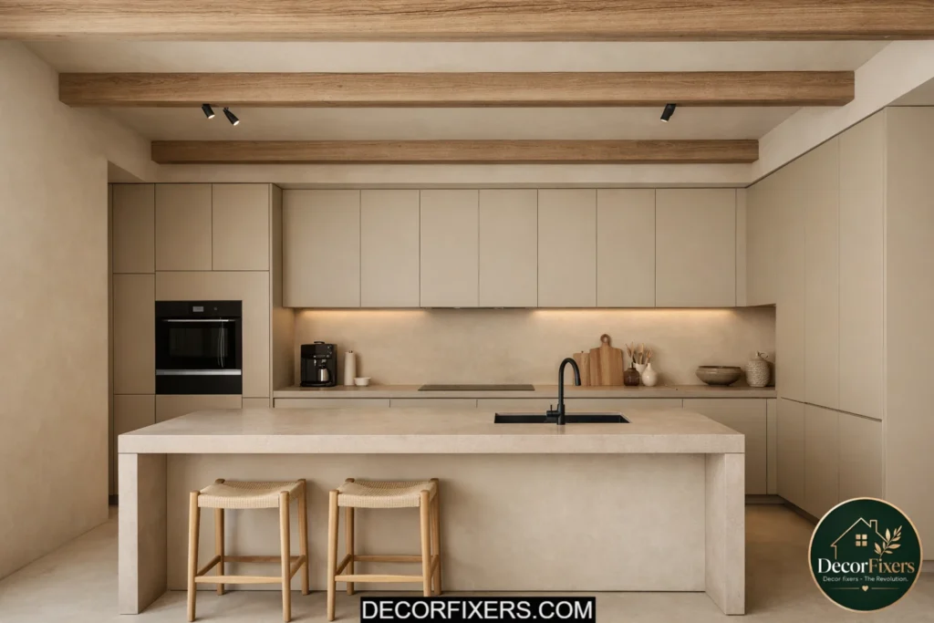 Minimalist kitchen with matching ceiling and wall tones plus wood beams