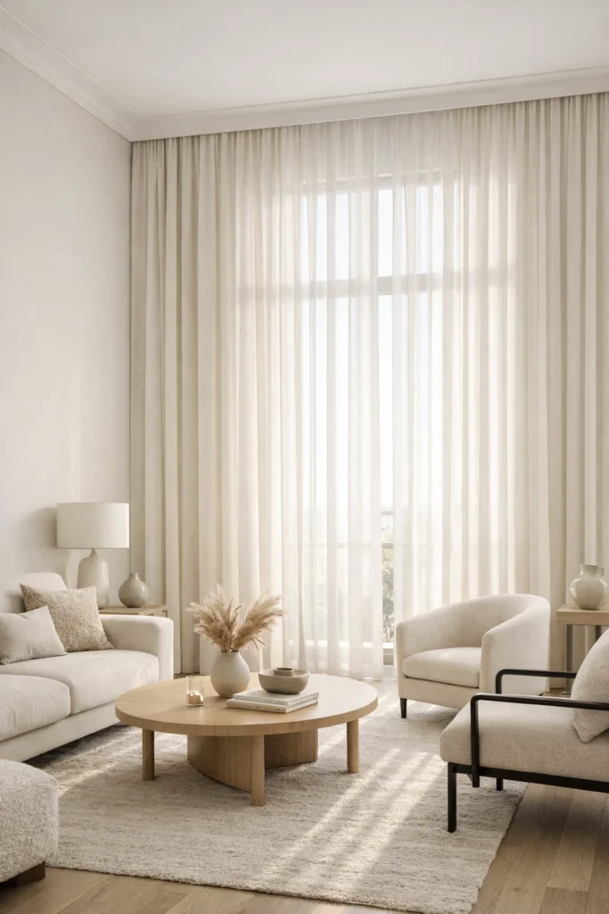 Ceiling-mounted curtains making small living room look taller