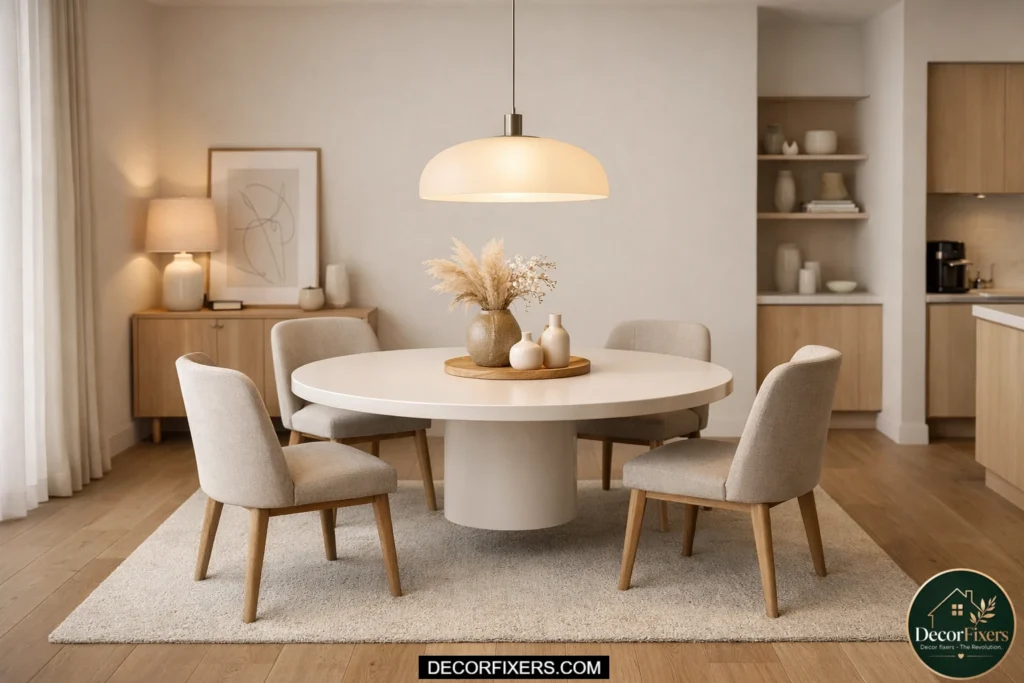 Floating dining table centered in modern compact dining room