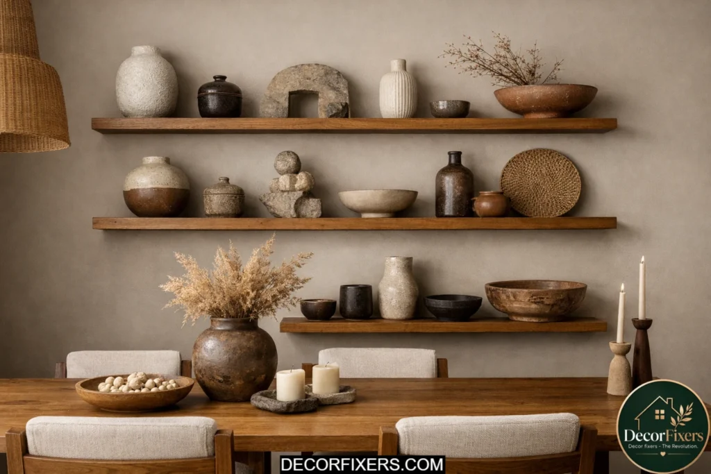 Floating ledges displaying curated ceramic objects and pottery in a dining room wall setup