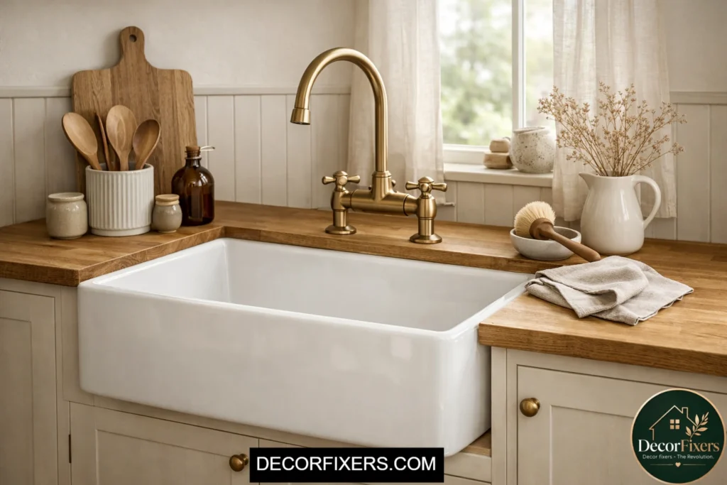White ceramic farmhouse sink in Scandinavian kitchen