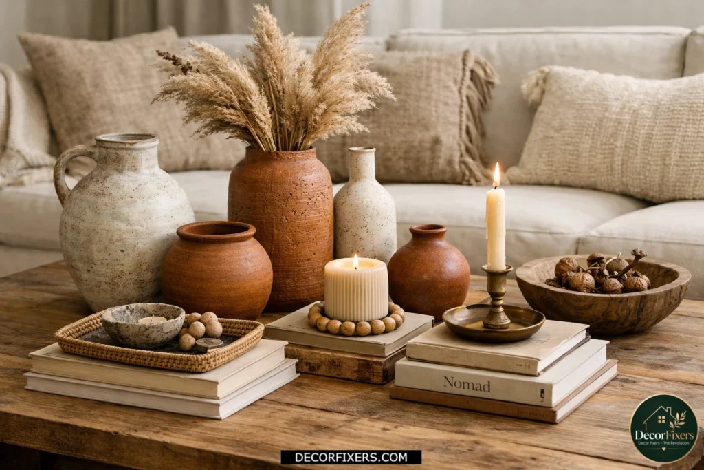 Ceramic vessel collection styled on a boho coffee table