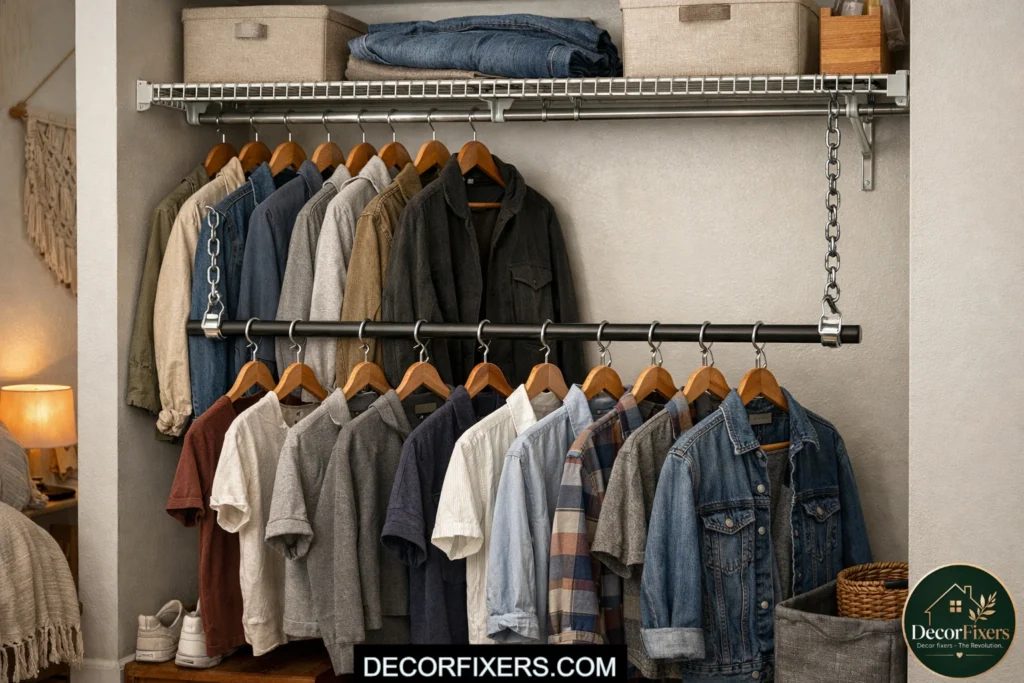 No-drill chain-drop second closet rod for renters and small closets