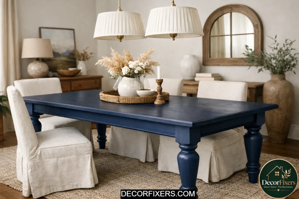 Chalk-painted dining table in moody modern dining room