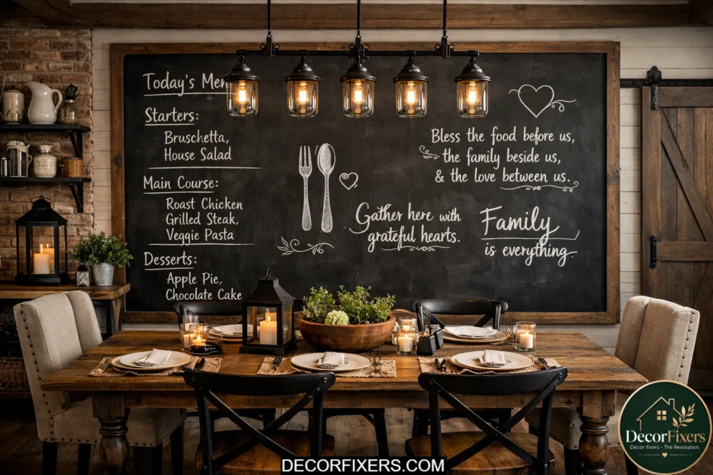 Framed chalkboard wall with handwritten notes in a rustic farmhouse dining room