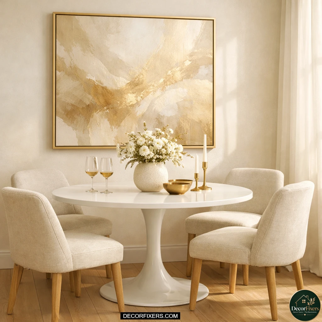 Champagne gold abstract print in brass frame above white dining table.