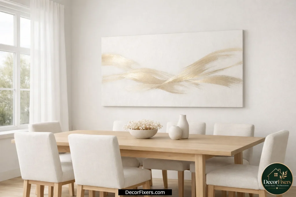 Champagne gold abstract canvas art in a minimalist Scandinavian dining room with neutral décor