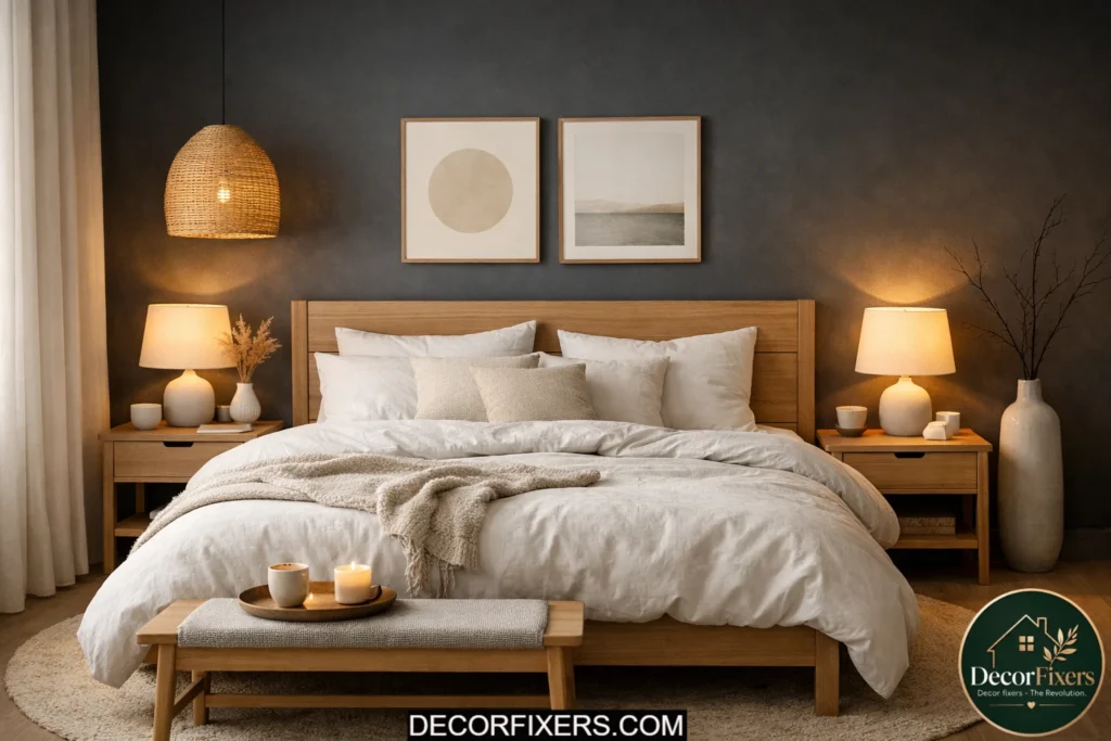 Scandinavian bedroom with a dark charcoal accent wall and oak furniture.