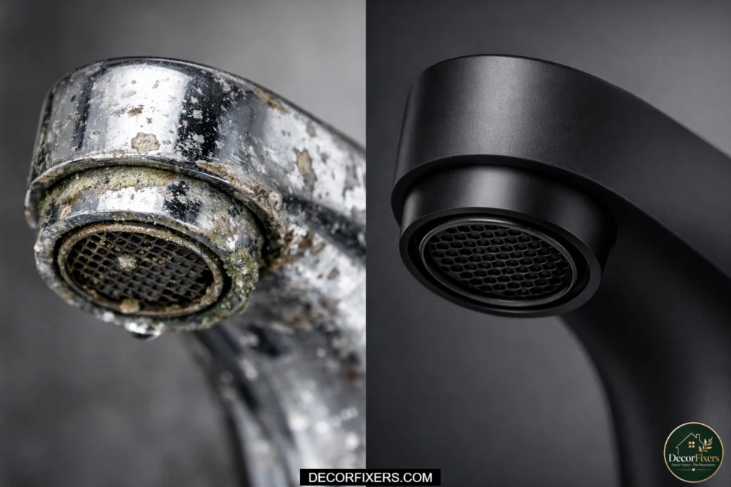 Tarnished chrome bathroom faucet compared to durable matte black hardware finish