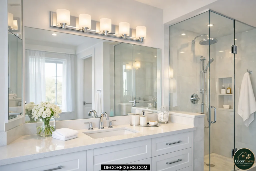 Chrome vanity bar lighting brightening a clean modern bathroom.