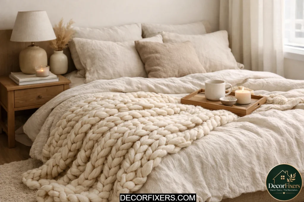 Chunky knit throw blanket adding texture and warmth to a cozy bedroom