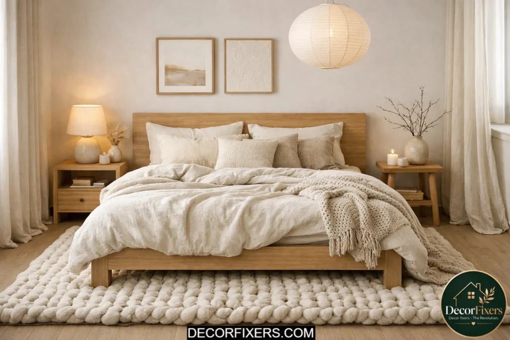 Scandinavian bedroom featuring a chunky wool rug beneath an oak bed.