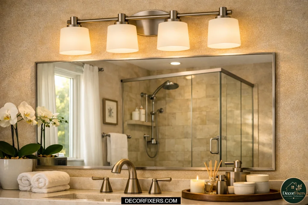 Classic satin nickel bathroom vanity light with frosted glass shades above a modern white vanity.