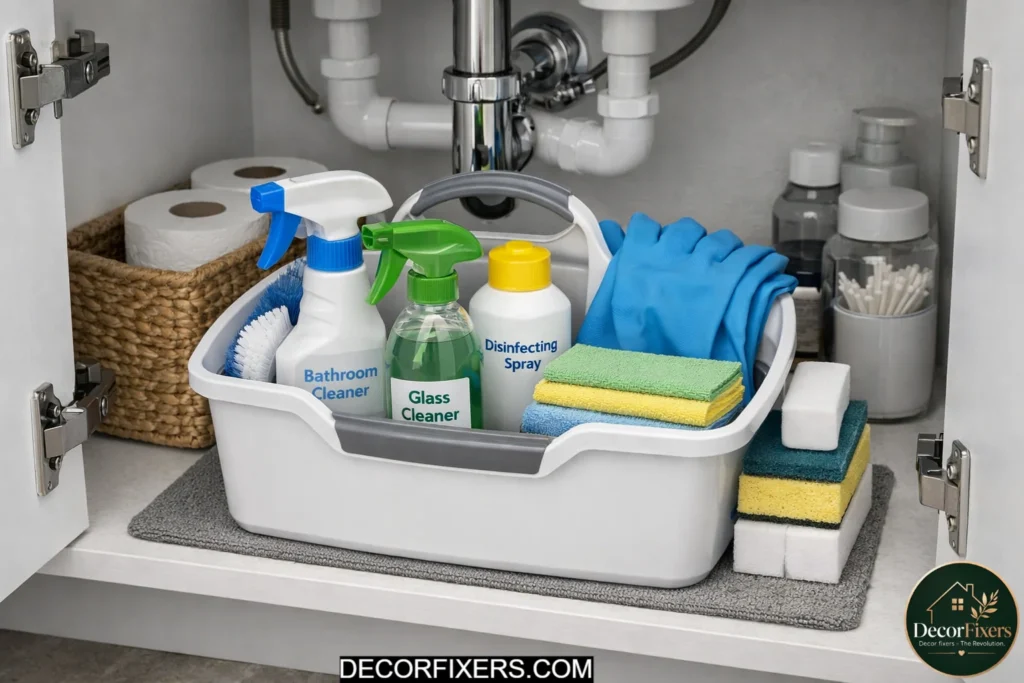 Handled cleaning caddy stored inside bathroom cabinet