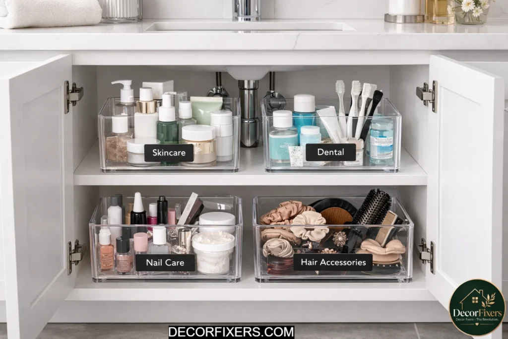 Clear acrylic bins organizing products inside bathroom vanity cabinet