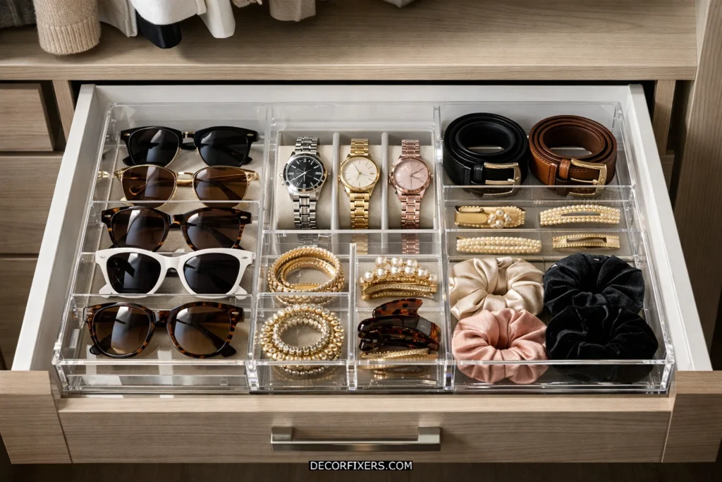 Clear plastic drawer organizer for accessories.