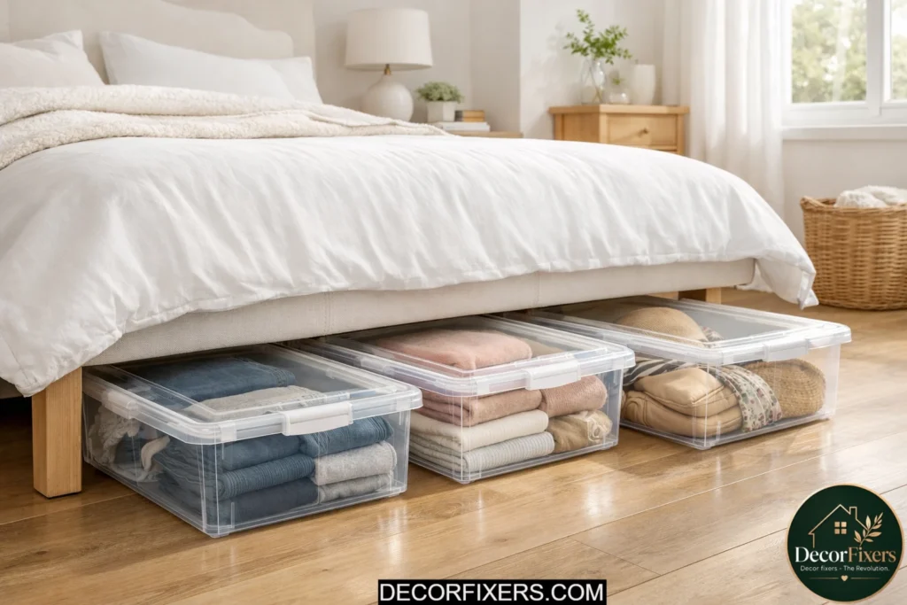 Clear plastic underbed bins with snap lids storing clothes and accessories