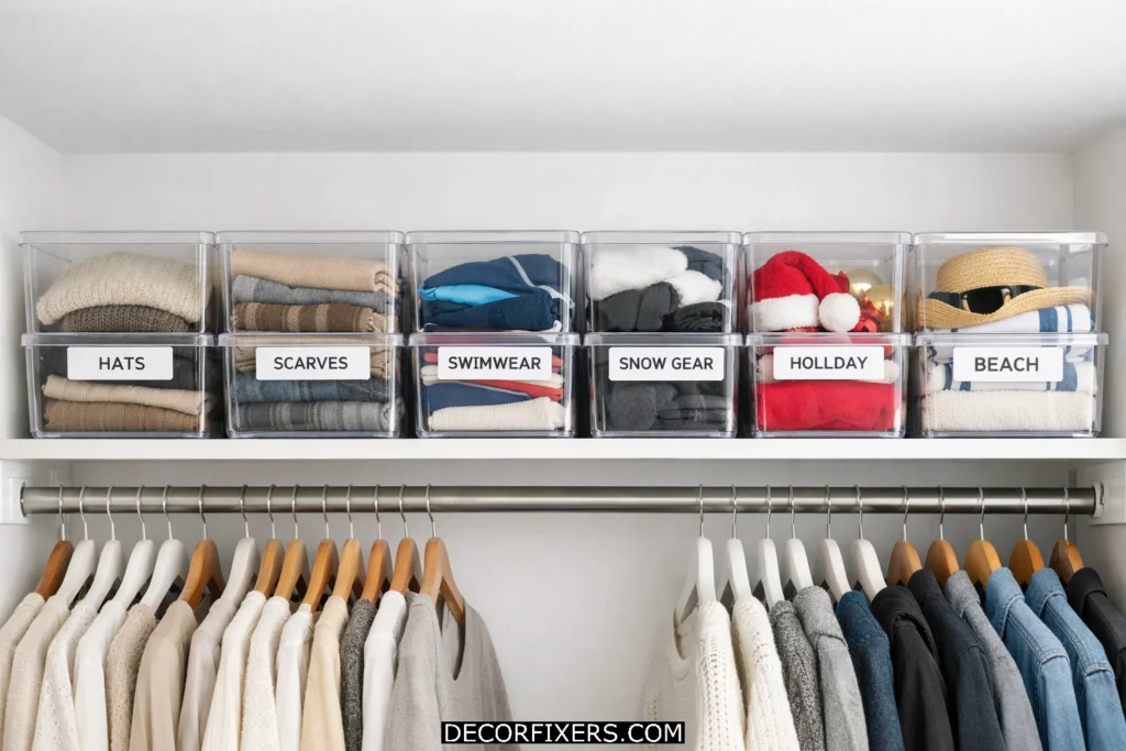 Clear stackable storage bins neatly organizing a small closet top shelf.
