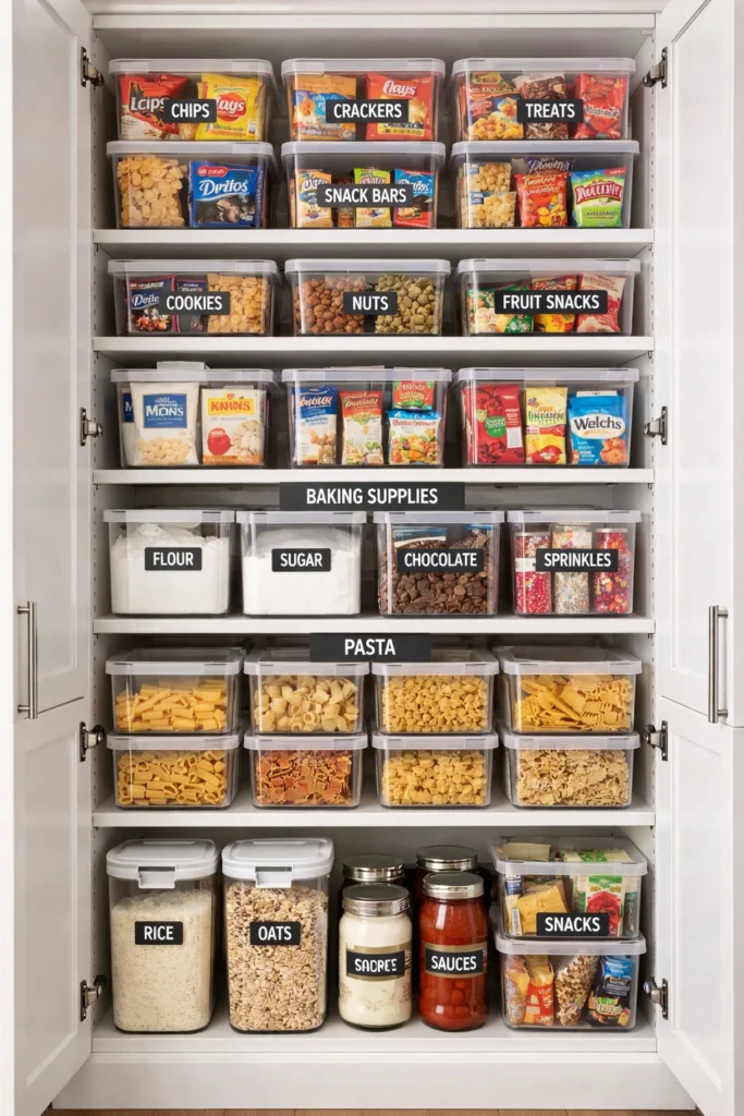 Clear stackable pantry bins organizing dry food inside kitchen cabinets