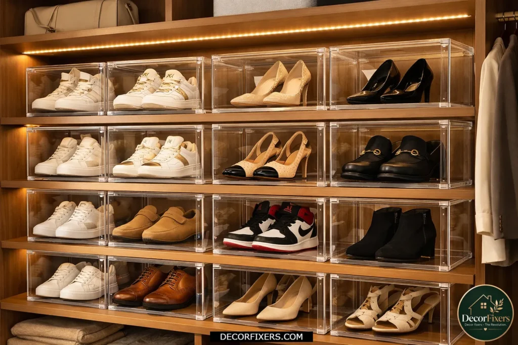 Clear stackable shoe boxes organizing designer shoes in closet.
