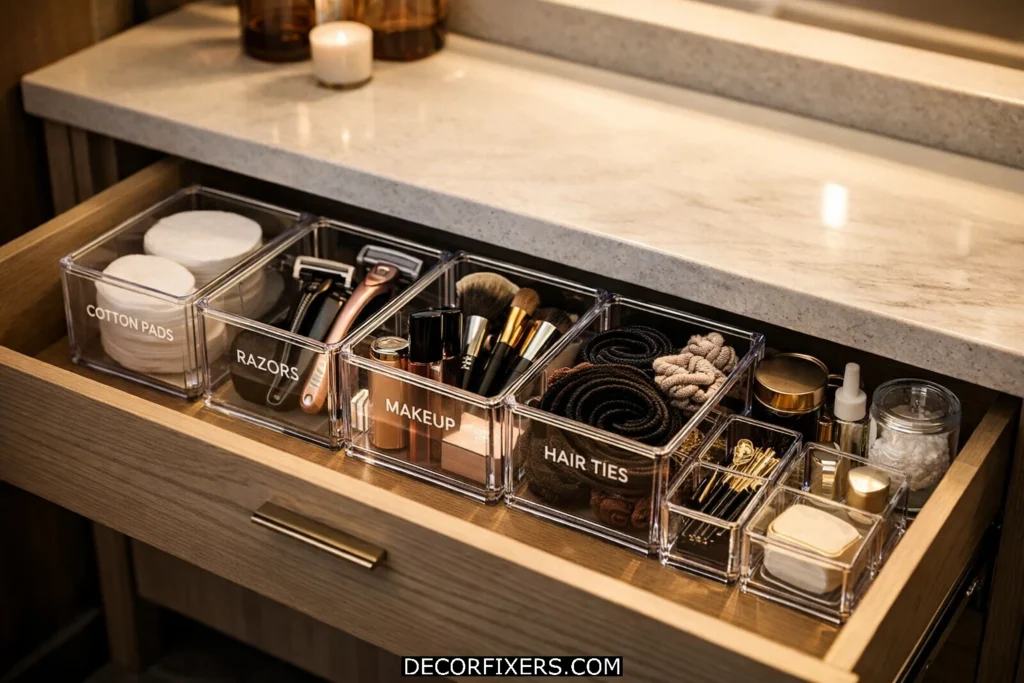 Clear acrylic vanity drawer organizers neatly separating razors, cotton pads, and grooming accessories