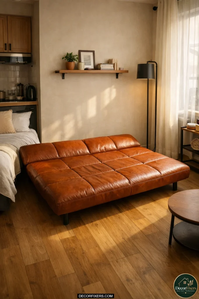 Compact cognac faux leather click-clack sofa bed inside a small studio apartment with airy Scandinavian styling.