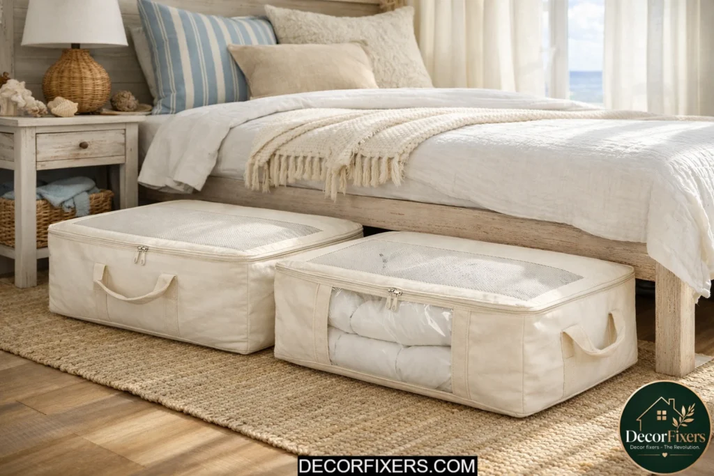 Breathable duvet storage bags placed under a bed