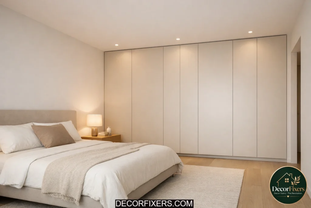 Minimalist bedroom with sleek closed storage cabinets and clean styling