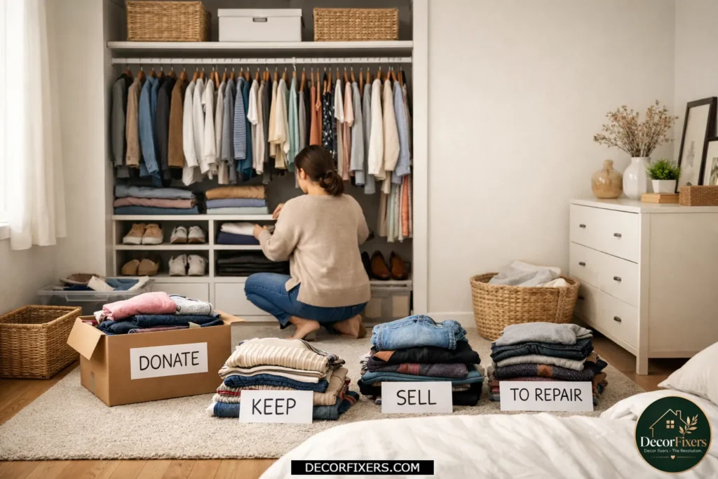 Bedroom closet decluttering process with organized clothing sorting.