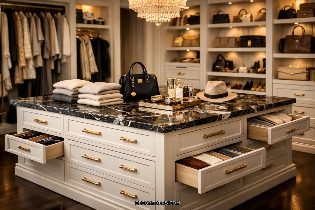 Closet island with drawers in a luxury walk-in closet.