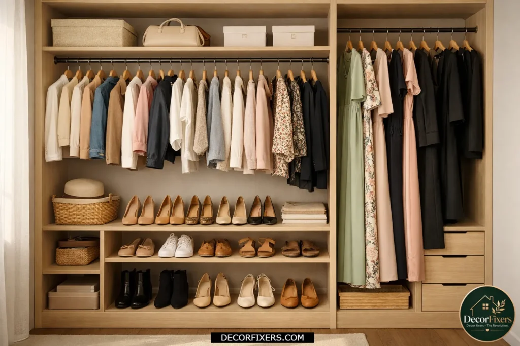 Closet arranged by garment type and clothing length for better storage.