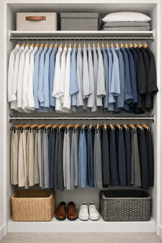 Closet rod extender doubling hanging space inside a small closet