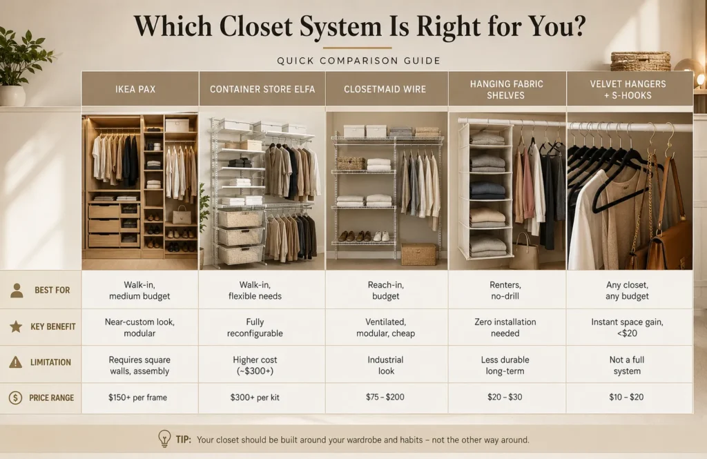 Comparison table showing different bedroom closet organization systems.