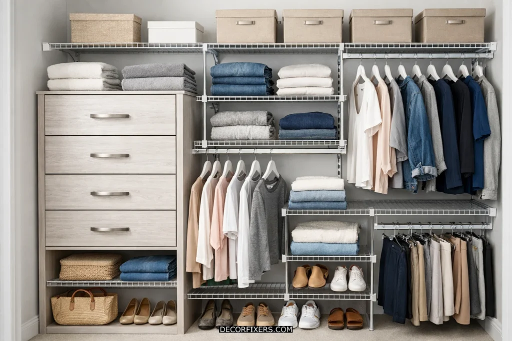 ClosetMaid modular storage drawer tower inside a closet.