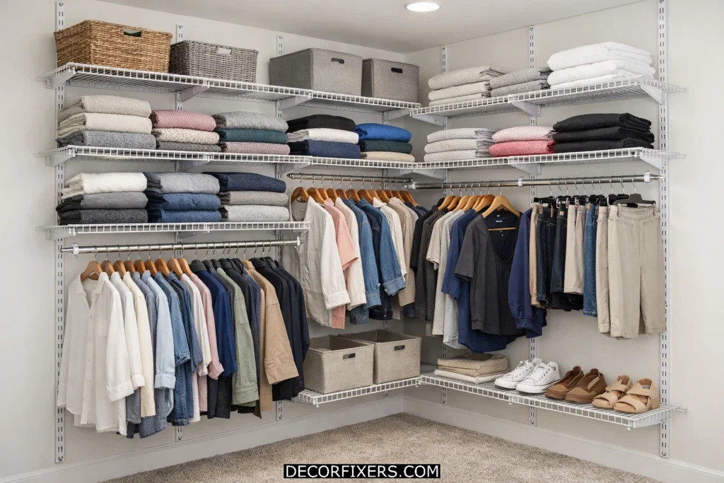 Adjustable ClosetMaid wire shelving system installed in a small organized closet.