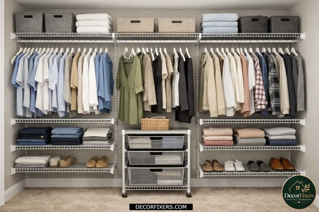 Budget-friendly ClosetMaid wire shelving system in a bedroom closet.