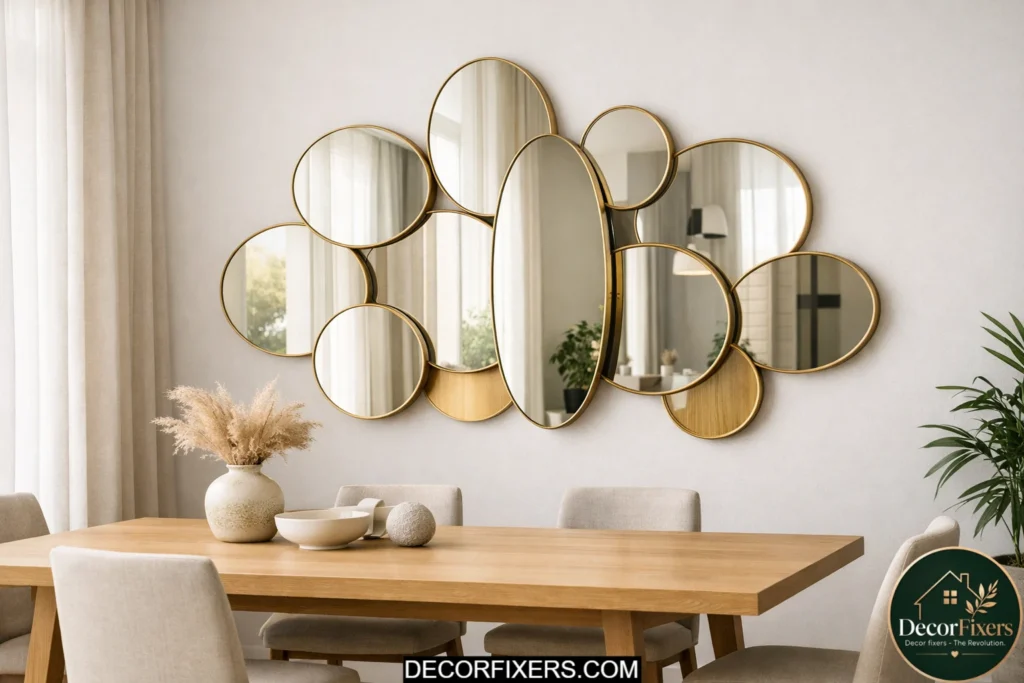 Group of round and oval mirrors arranged as wall decor in a modern dining room