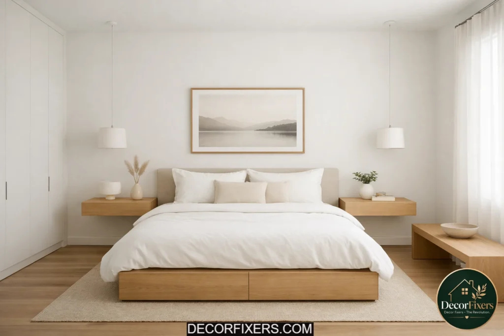 Clutter-free minimalist bedroom with intentional clean styling and calm surfaces