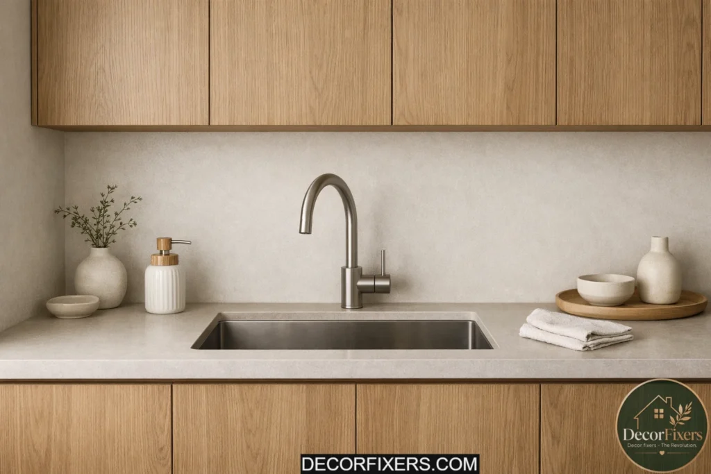 Minimal Japandi kitchen sink area with clean uncluttered styling.