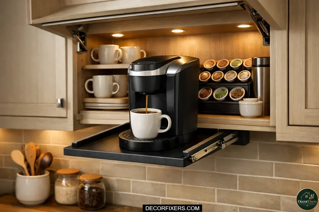 A kitchen cabinet with a horizontal slide-out drawer tray holding a coffee maker, gliding forward for easy access