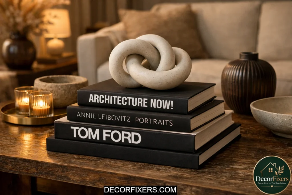 Coffee table books styled as decorative living room centerpiece