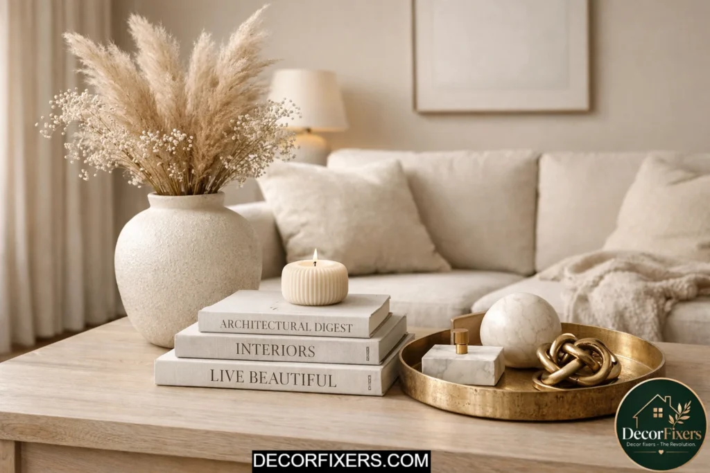 Coffee table styled with three-object decor arrangement