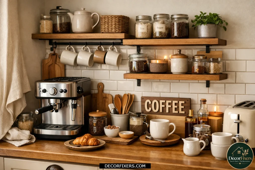 Dedicated coffee and tea station with organized appliances and mugs.