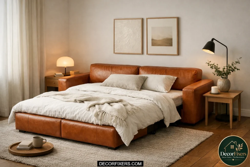 Cognac leather sofa bed styled inside a warm neutral modern living room.