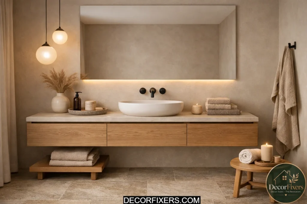 Scandinavian bathroom with marble, oak, and matte white material palette.