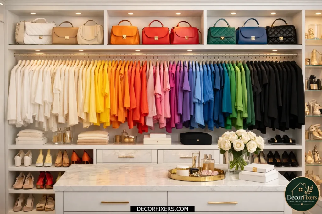 Bedroom closet arranged by clothing color for organization.