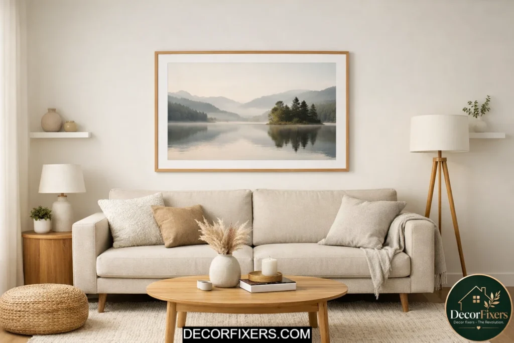 Properly hung wall art at eye level in living room