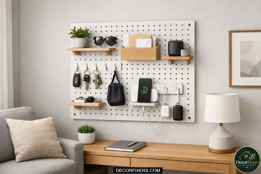 pegboard wall organizing clutter in small living room
